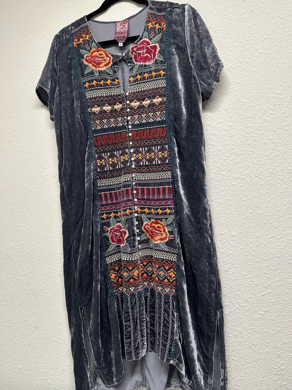 Johnny Was JWLA Rebekah Embroidered Velvet Silk Blend Dress L Boho Embroidery